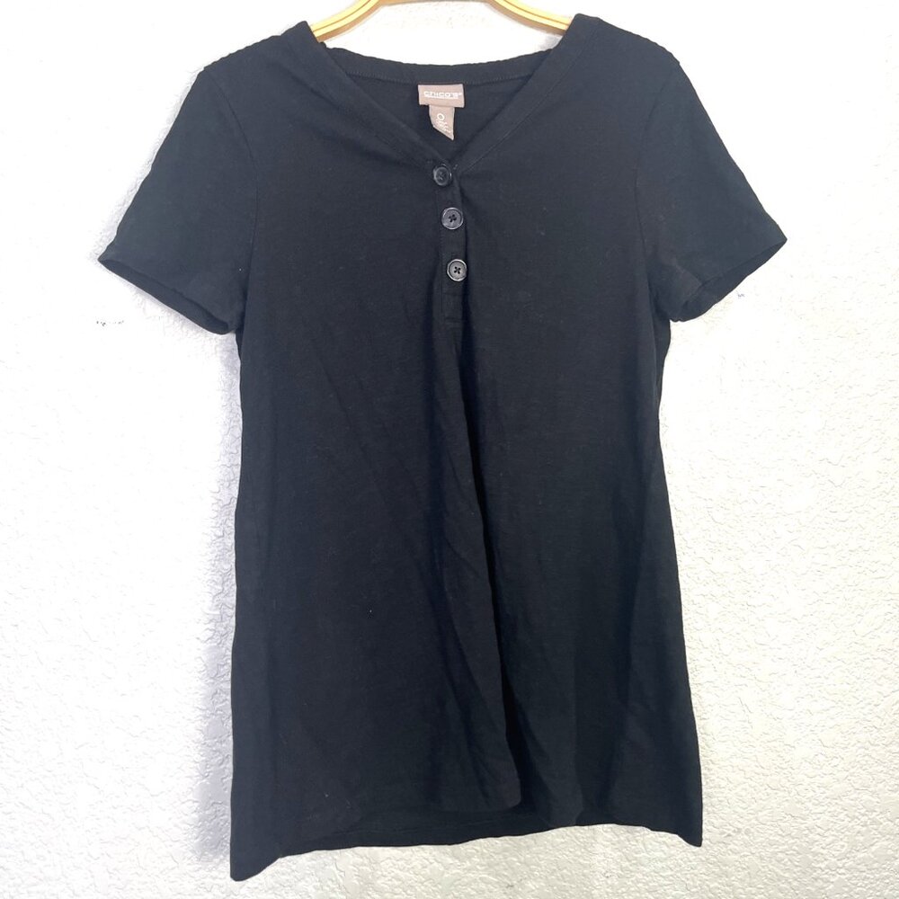 Chicos Fitted Tee Womens Sz S Black Cotton Henley V Neck Short‎ Sleeve Staple
